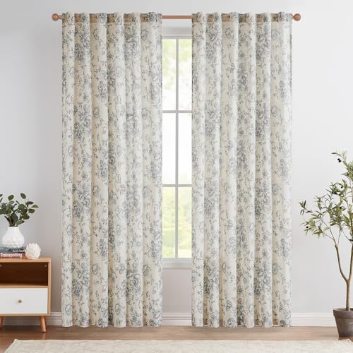 Vintage Floral Linen Curtains 84 Long for Living Room 2 Panels (Grey / 50"W x 84"L (Pack of 2))