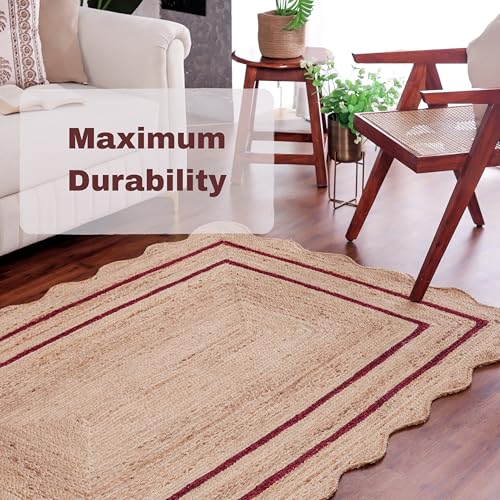 Wave Scalloped Jute Rug Entryway Natural Boho Area Rug Rustic Red 9'x9' (9'x9' / Rustic Red)