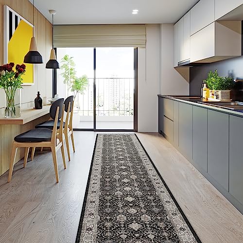 Hallway Washable Runner Rug (2'6" x 12' (Rectangular) / Black/Navy)