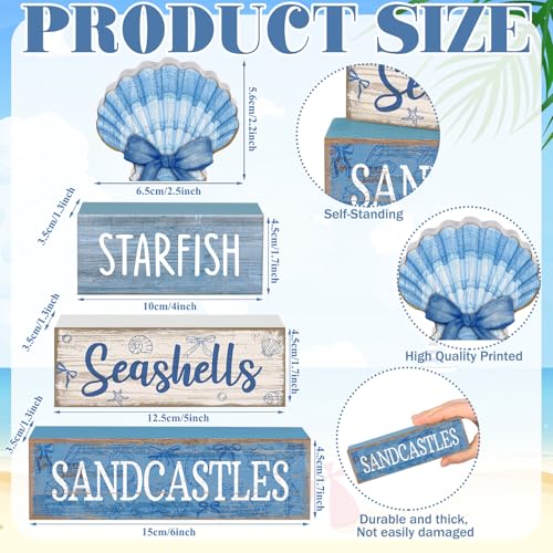 4 Pcs Beach Wooden Signs Table Decor with Shell (Shell Bow)