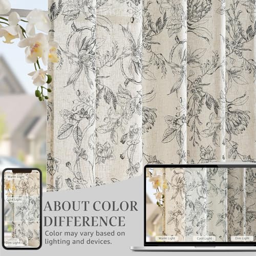 Black Floral Linen Curtains 96 Inch Vintage Back Tab 2 Panels (Flower Black on Beige / 50"W x 96"L (Pack of 2))