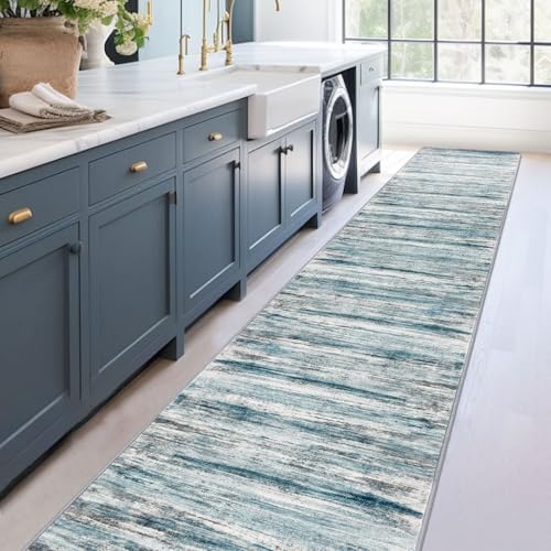 Modern Abstract Hallway Runner Rug (Blue / 2'8" x 18' (Runner))