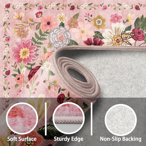 Pink Floral Hallway Runner Rug 3x7 for Bedroom Kitchen (Pink / 3' x 7' (Rectangular))
