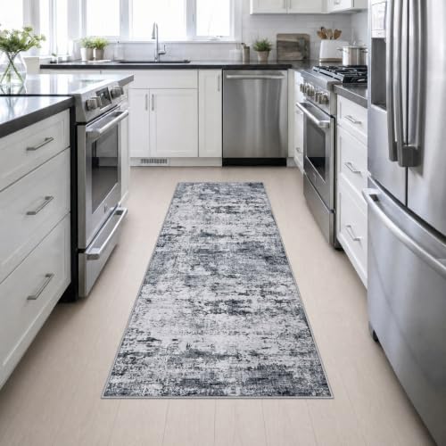 2.6x8 Washable Runner Rug：Modern Abstract Kitchen Soft Carpet Grey (Grey / 2'6" x 8' (Rectangular))
