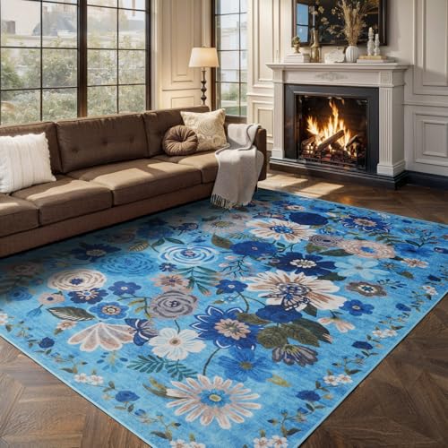 Floral Area Rugs 5x7 for Bedroom Livingroom Blue Non (Blue / 5' x 7' (Rectangular))