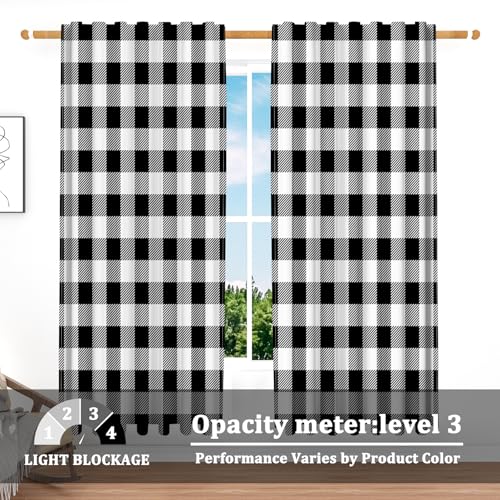 53 x 63 Inch Linen Buffalo Plaid Check Curtains Blackout Bedroom Room Darkening Thermal Insulated Black White Buffalo Checkered Window Drapes Farmhouse Living Room Pocket Tab Curtain 2 Panels (Black White / 53"W x 63"L (Pack of 2))
