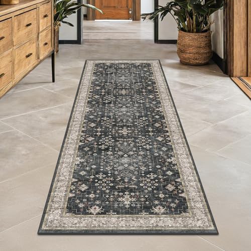 Black Boho Washable 2x6 Runner Rugs for Hallway Kitchen Bedroom Beside Laundry Room Bathroom Rug (2' x 6' (Runner) / Ashen / Multi)
