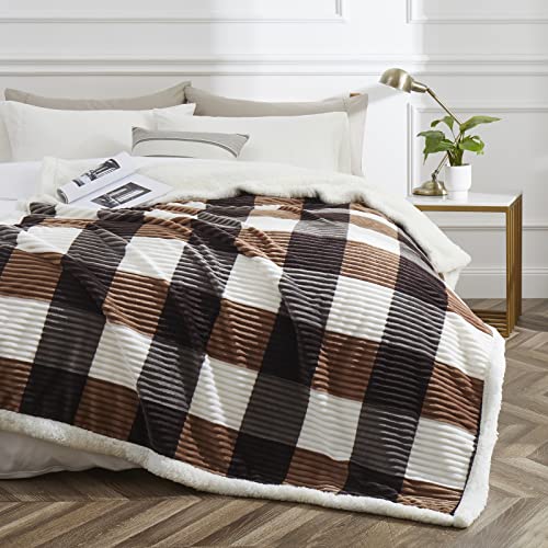 Sherpa Blanket Twin Plaid Thick Bed Blanket (Brown-check / 60"*80")