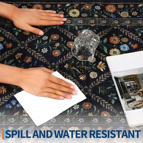 Washable Kitchen Rugs Non Slip 2x6 Hallway Runner Stain Resistant Low Pile Rug (Navy/Black / 2' x 6' (Rectangular))