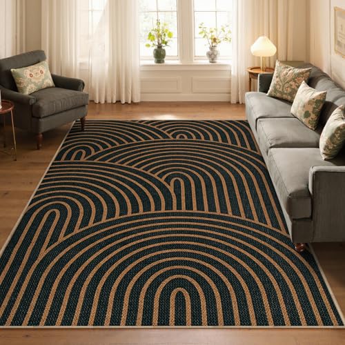 Modern Rainbow Easy Jute Carpet (5' x 7' (Rectangular) / Black/Multi-rainbow-1)