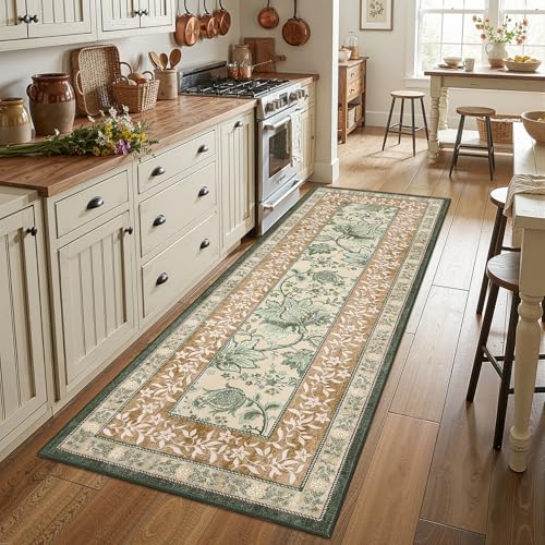 Terracotta Olive Sage Green 2x6 Washable Kitchen Runner Rugs Non Slip Provence Botanical Grove Vintage Boho Cottage Long Rug for Hallways Bedroom TPE Rubber Backing (Terracotta / Olive Sage Green / 2' x 6' (Runner))