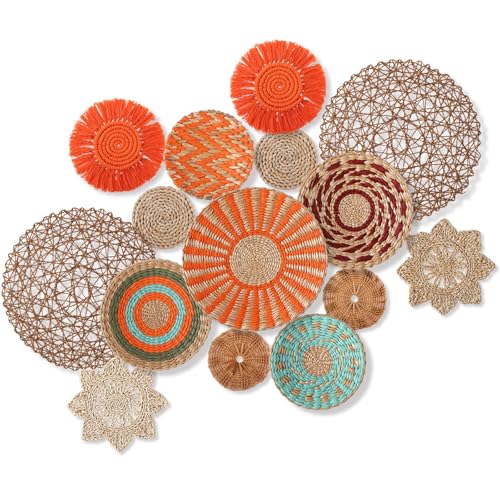 15 Pcs Boho Rattan Wall Baskets Hanging Decor (Orange Style)
