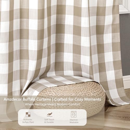 Beige Buffalo Plaid Semi Sheer Grommet Curtains 84 Inch Length (Beige/White / 52"W x 84"L (Pack of 2))