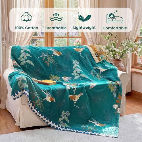 Boho Throw Blanket 60"x80" Aviary Botanical Cotton Throw Blanket (Teal Green / 60"x80")