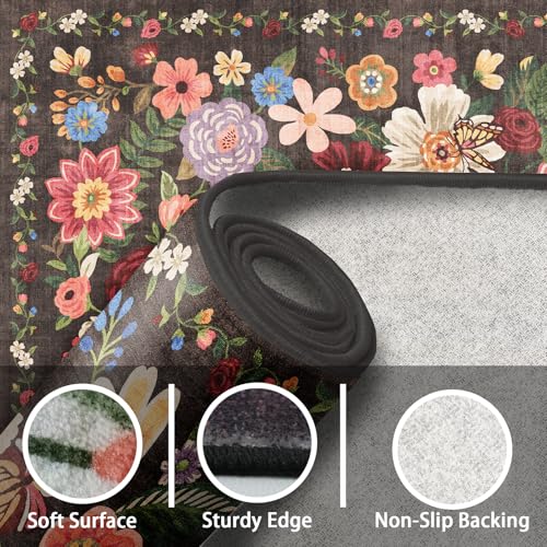 Black Brown Floral Hallway Runner Rug 2x8 for Bedroom Kitchen (Espresso / 2' x 8' (Rectangular))