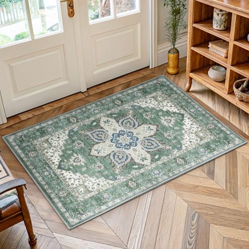 Amada Small 2x4 Washable Area Rug for Entryway (2' x 4' (Runner) / Dark/Green)