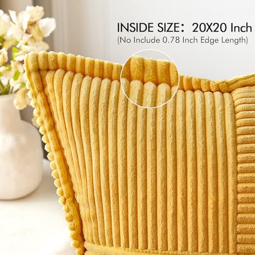 Golden Yellow Corduroy Pillow Covers 20x20 Inch with Splicing Set of 2 Soft Boho Striped Pillow Covers Broadside Decorative Textured Summer Pillowcases for Couch Cushion Bed Livingroom (Golden Yellow / 20" x 20" (Pack of 2))