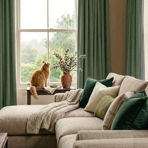 Olive Green 100% Blackout Linen Curtains 108 Inch for Dining Room (Olive Green / 52"W x 108"L (Pack of 2))