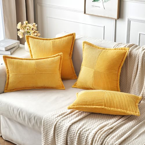 Golden Yellow Corduroy Pillow Covers 18x18 Inch with Splicing Set of 2 Soft Boho Striped Pillow Covers Broadside Decorative Textured Summer Pillowcases for Couch Cushion Bed Livingroom (Golden Yellow / 18" x 18" (Pack of 2))