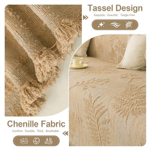 Washable Couch Covers for Sofa Boho Couch Covers for 3 Cushion Sofa Pet Friendly Camel Chenille Jacquard Couch Protector for Dogs Plant Branch Sectional Cover Sofa Slipcovers (71" x 134" / U: Camel)