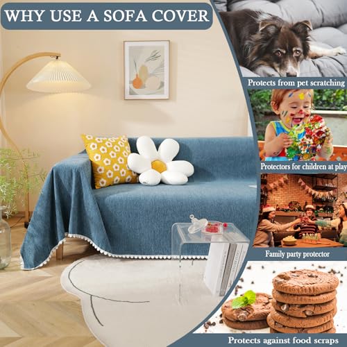 Blue Sectional Couch Covers Easy Fitted Sofa Covers for 3 Cushion Couch Universal Chenille Sofa Cover Durable Furniture Protector with Floral Lace Bottom for Kids Dogs Pets (71" x 150" / Daisy:blue)