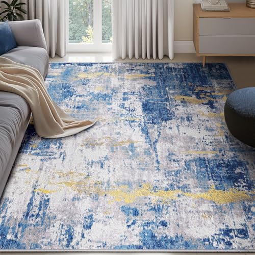 Washable 5'x7' Abstract Area Rug for Living Room Blue Gold (Blue/Gold / 5' x 7' (Rectangular))