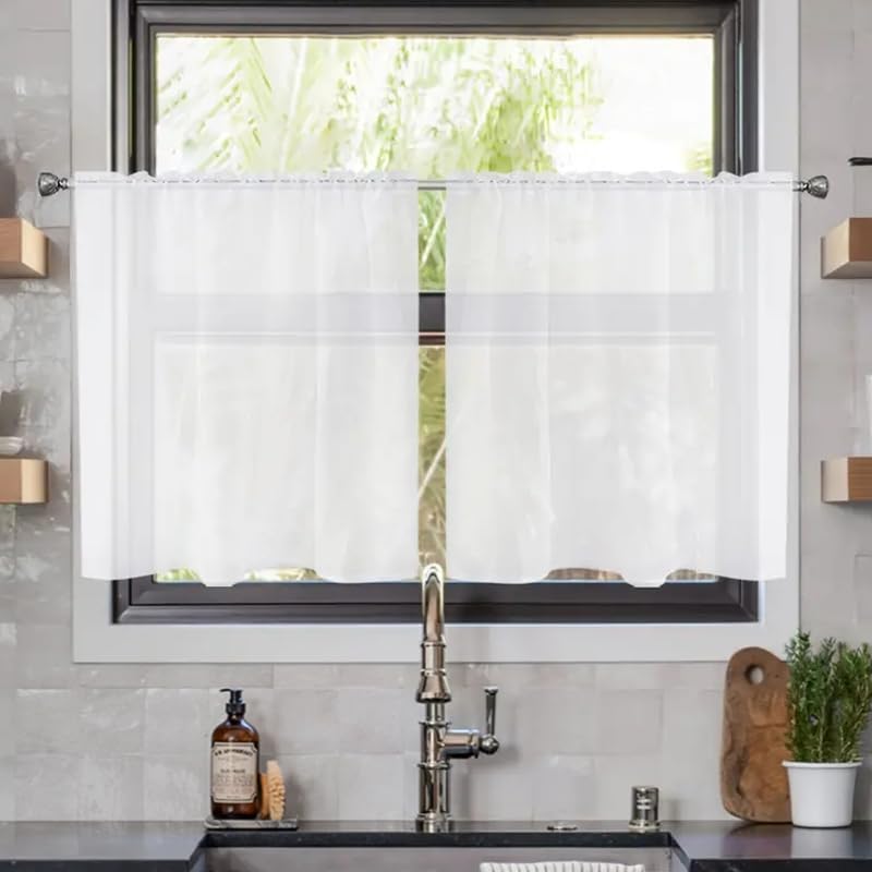 Solid Sheer Rod Pocket Curtain Voile Draperies 2 Panels White Beige Black Grey Coffee 26 Inch Width 40 Inch Long 1 Pair for Kitchen Bedroom Children Living Room Yard (White / 26"W x 40"L (Pack of 2))