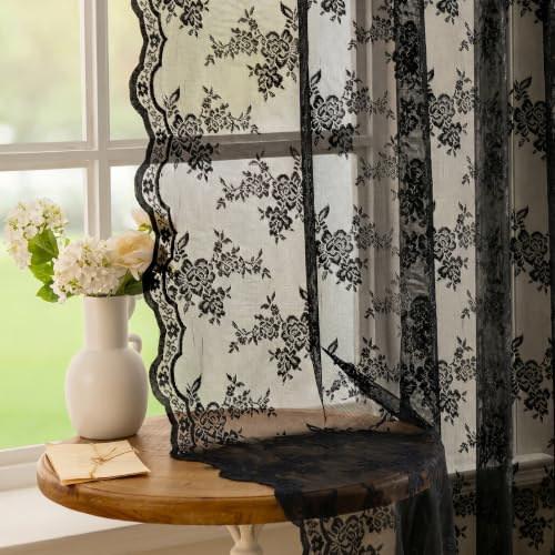 Black Lace Curtains 54 Inch Length Short Victorian Sheer Curtains (#2 Black / 50"W x 54"L (Pack of 2))