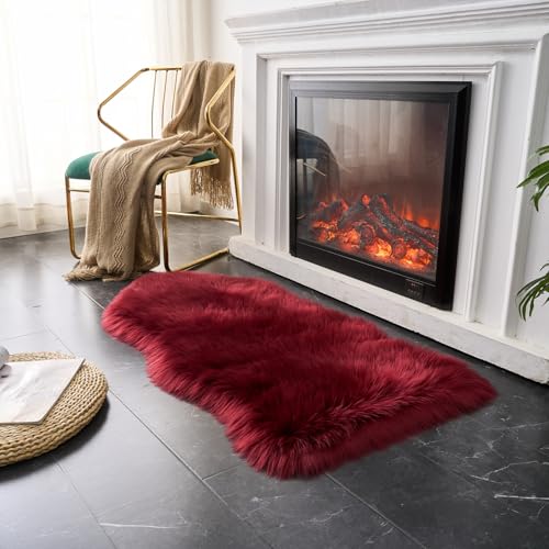 Ultra Soft Fluffy Shaggy Area Rug Faux Fur Rug Chair Cover Seat Pad Fuzzy Area Rug for Bedroom Floor Sofa Living Room (Burgundy / 2' x 4' (Sheepskin))