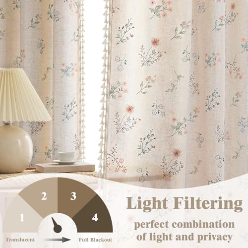Boho Floral Light Filtering Curtains 90 Inch 2 Panels Linen Texture (Light Filtering Vintage Florals / 52"W x 90"L (Pack of 2))