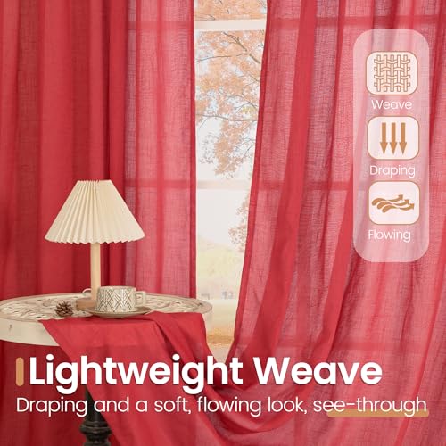 96 Inches Long Linen Curtains for Living Room (Red / 52"W x 96"L (Pack of 2))