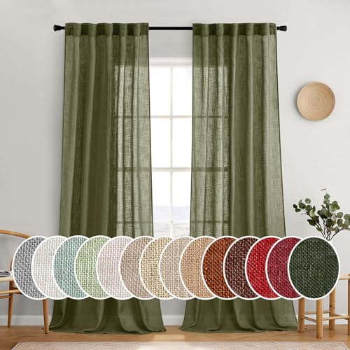 Light Olive Green Linen Curtains 52x108 Inch 2 Panels for Bedroom (52"W x 108"L (Pack of 2) / Light Olive Green)