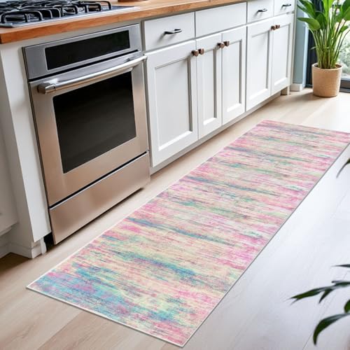 Modern Abstract Runner Rug 2x6 Multi Pink Runners for Hallways Kitchen Rug Non Slip Washable Carpet Rug Runner Laundry Mat with Soft Low Pile for Entryway Bathroom Bedroom Kitchen (Multi-pink / 2' x 6' (Runner))