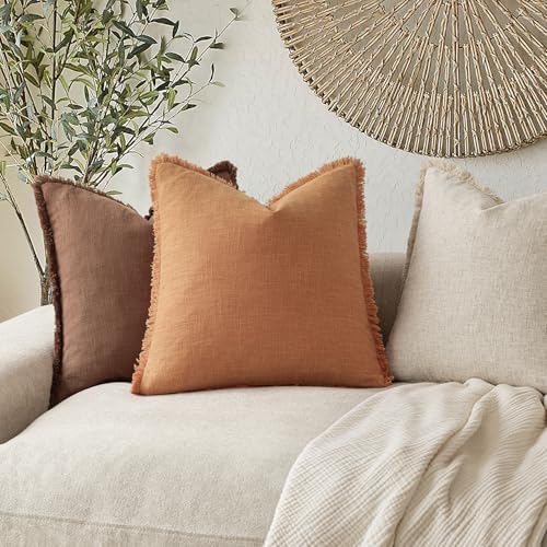 Decorative Linen Fringe Throw Pillow Covers 18×18 Dusty Orange (18" x 18" (Pack of 2) / Autumn Sunset)