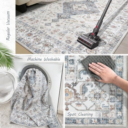 Washable Vintage Area Rug 8x10 for Living Room (Beige Dark Grey Cream / 8' x 10' (Rectangular))