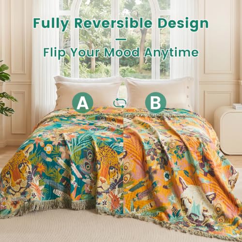 Boho Throw Blanket 50"x60" Fall Cotton Leopard Animals Blanket (Leopard Forest / 50"x60")