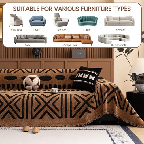 Geometric Boho Couch Cover for Sofa Decor (71" x 134" / Stripe: Brown and Black)