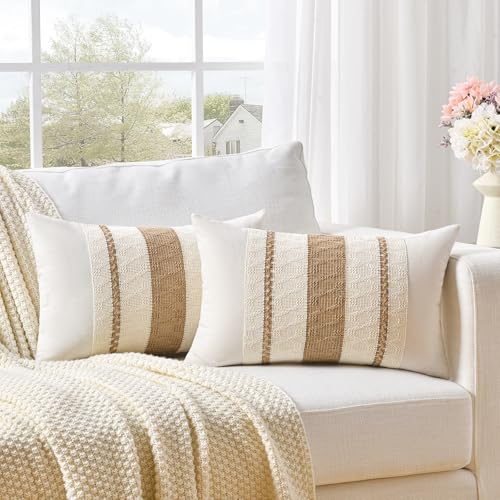 Set of 1 Boho Neutral Lumbar Decorative Throw Pillow Cover 12x20 Inch for Couch Bed Sofa Chair (20" x 12" (Pack of 1) / Neutral)