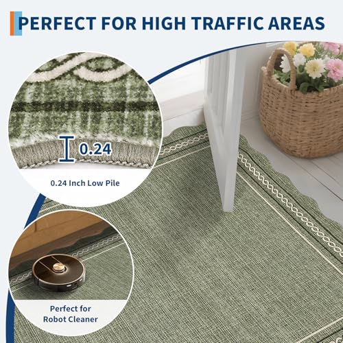 Scalloped Runner Rug for Hallway 2x10 Non Slip Washable (Green / 2' x 10' (Runner))