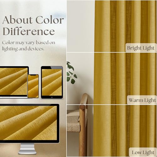 Mustard Yellow Pleated Semi Sheer Linen Curtains 108 Inches Long 2 Panel (Mustard Yellow / 40"W x 108"L (Pack of 2))