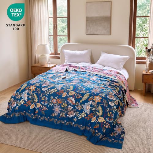 Boho Throw Blanket 60"x80" 100% Cotton Twin Floral Throw for Couch (Navy Garden / 60"x80")