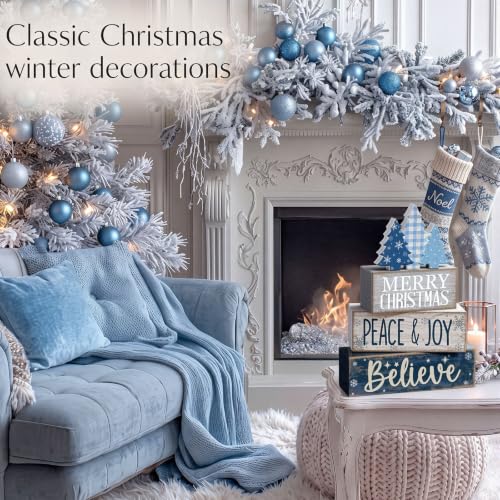 4 Pcs Christmas Table Decorations Blue Christmas Tree Stacked Wooden Sign Decor Rustic Winter Tiered Tray Decor Blue and White Xmas Table Centerpiece Farmhouse for Home Kitchen Shelf (Rustic Decorative)