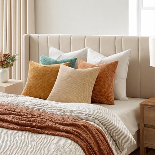 Soft Decorative Chenille Fall Pillow Covers Beige Orange Teal 20x20 (20" x 20" (Pack of 4) / Orange/Teal)