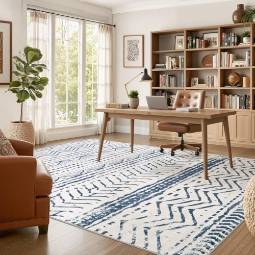 Boho 5x7 Area Rug Living Room Rugs Machine Washable Navy Blue (Dark Blue / 5' X 7' (Rectangular))