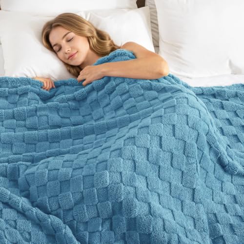 3D Checkered Fleece Queen Blanket for Bed (Slate Blue / Queen (90"x90"))