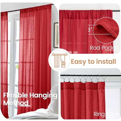 96 Inches Long Linen Curtains for Living Room (Red / 52"W x 96"L (Pack of 2))