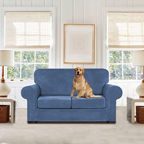Velvet Stretch 3 Pieces Couch Cover for Sofa Washable (Medium / Light Blue)