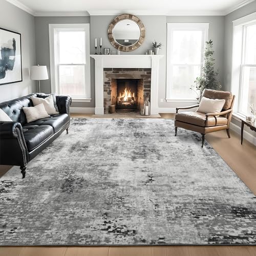 Living Room Rug 7x10 Gray Area Rugs Machine Washable Abstract Boho Large Rug Non (Grey / 7' x 10' (Rectangular))