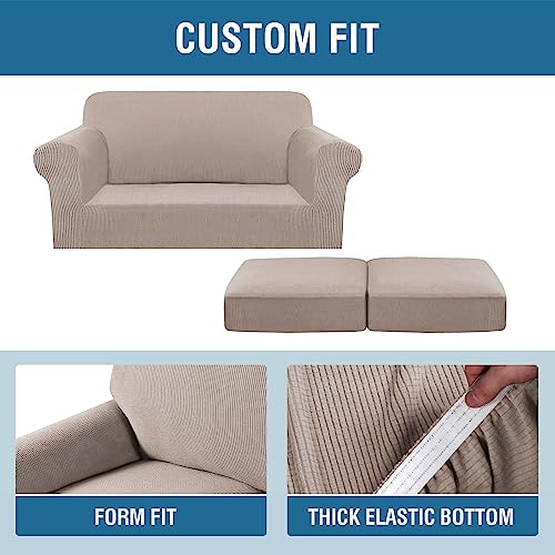 3 Piece Stretch Sofa Covers for 2 Cushion Loveseat Couch Covers for Living Room Furniture Cover (Medium / Sand)