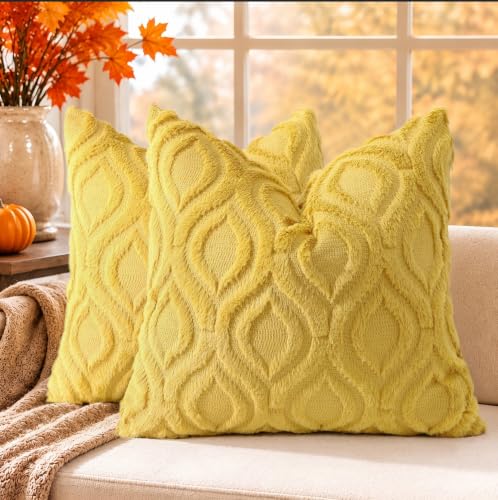 Faux Fur Mustard Yellow Throw Pillow Covers 16x16 Set of 2 (16" x 16" (Pack of 2) / Mustard Yellow)